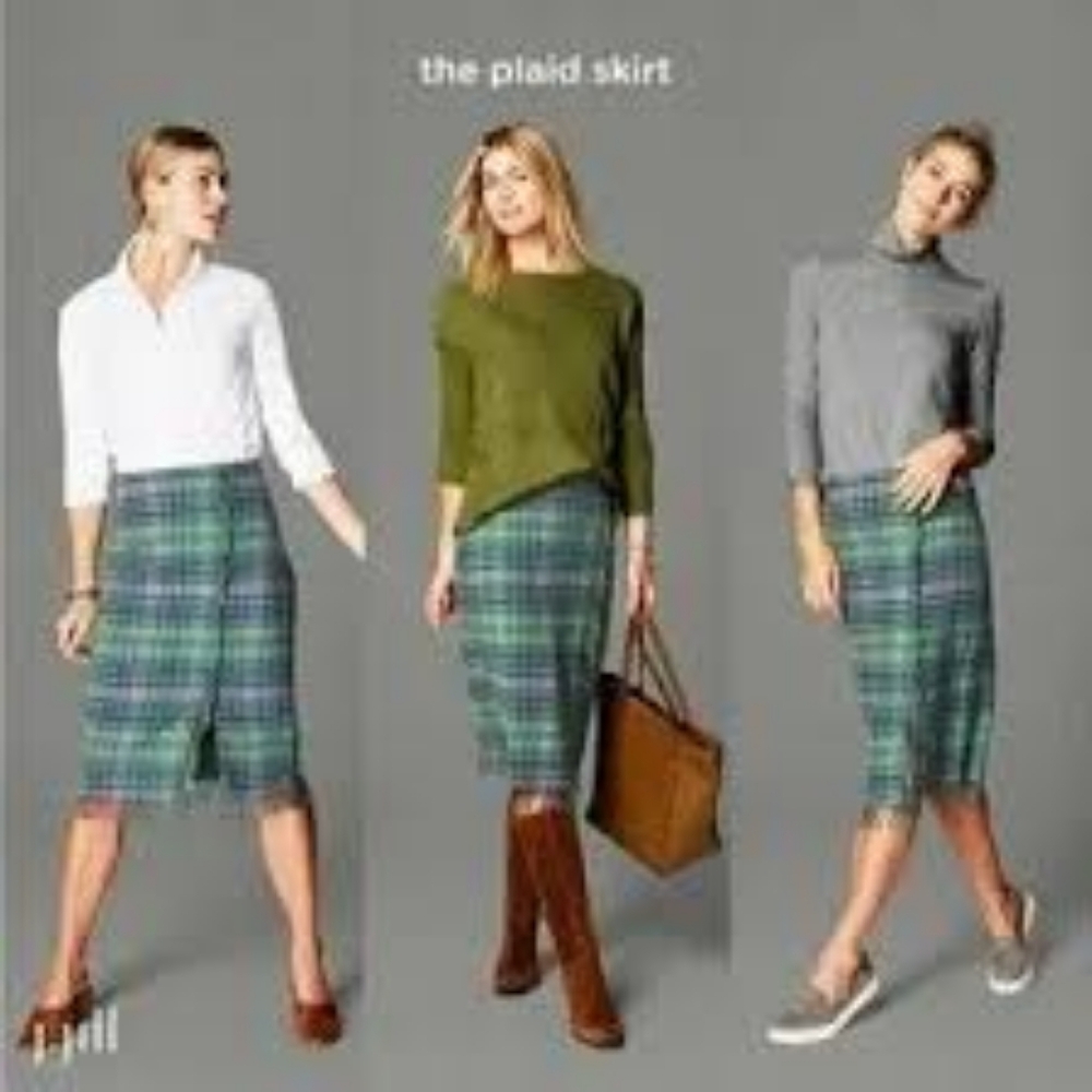 J Jill Plaid & Fringed Skirt Grey Blue Green Size 14P Lined - Picture 1 of 9